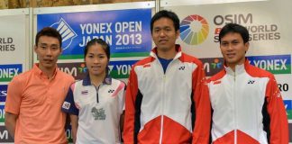 L-R: Badminton players Lee Chong Wei of Malaysia, Ratchanok Intanon of Thailand, and Indonesians Hendra Setiawan and Mohammad Ahsan pose for photos at a press conference in Tokyo, Japan.