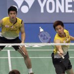 Goh V Shem (right) returns a shot to Ko Sung-hyun and Lee Yong-dae of South Korea as his partner Lim Khim Wah looks on during a men’s doubles semi-final match at the Badminton Asia Championships in Taipei on April 20.