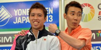 Lee Chong Wei and Kenichi Tago (left) at a press conference before the Japan Open started. The duo will meet on the court in the men's singles final on Sunday.