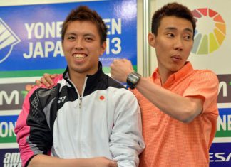 Lee Chong Wei and Kenichi Tago (left) at a press conference before the Japan Open started. The duo will meet on the court in the men's singles final on Sunday.