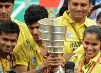 Indian Badminton League Champion - Hyderabad Hotshots Ajay Jayaram and Saina Nehwal
