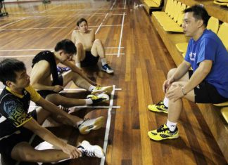 Men's doubles coach Paulus Firman briefing (from left) Tan Wee Kiong, Tan Boon Heong and Koo Kien Keat in January this year. Paulus and coach Pang Cheh Chang say it's best to keep Kien Keat-Boon Heong on to help the younger players surpass them.