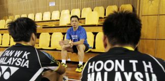 Doubles coach Paulus Firman (center) who is going back to Indonesia on Wednesday is happy that his charges Tan Wee Kiong-Hoon Thien How have finally won a title, the Macau Open, last week.