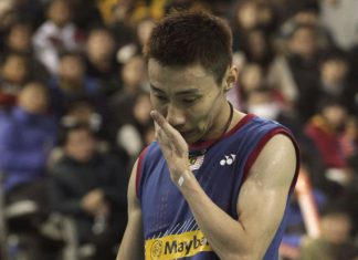 Lee Chong Wei reacts after losing a point to Chen Long of China in the men's singles final of the Korean Open on Sunday. The Malaysian world No.1 lost the match in straight sets.