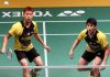 Goh V Shem (left) and Lim Khim Wah in action against Mathias Boe-Carsten Mogensen of Denmark during their first round match in the Maybank Malaysian Open. V Shem-Khim Wah won 24-22, 17-21, 21-18.