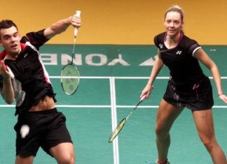 Chris (left) and Gabrielle Adcock in action against Germany’s Michael Fuchs-Birgit Michels during the second round of the Maybank Malaysian Open at the Putra Stadium in Bukit Jalil on Jan 16, 2014. The Adcocks won 23-21, 16-21, 21-6.