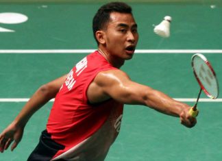 Tommy Sugiarto on his way to defeating India’s K. Srikanth 21-10, 21-15 on Jan 17, 2014. He will meet Japan's Kenichi Tago in the semi-finals of the Maybank Malaysian Open.