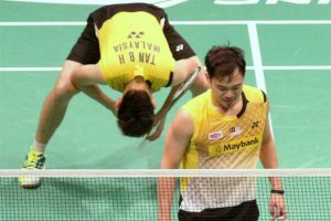Koo Kien Keat (front) and doubles partner Tan Boon Heong seen here in a Filepic after they lost a match in the Sudirman mixed team championship last year.