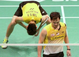 Koo Kien Keat (front) and doubles partner Tan Boon Heong seen here in a Filepic after they lost a match in the Sudirman mixed team championship last year.