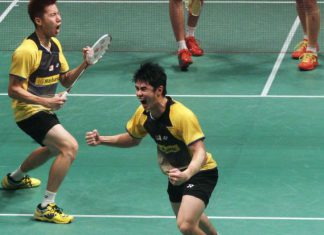 Lim Khim Wah (right) and Goh V Shem celebrate after winning the Malaysian Open men's doubles last month. They will be taking part in the upcoming German Open GP Gold and All-England tournaments.