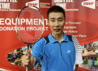 Lee Chong Wei with the racquet he donated to Badminton World Federation’s Equipment Donation Project.