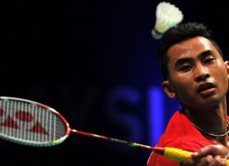 Tommy Sugiarto of Indonesia during the men's singles semi final at the BWF badminton World Superseries Finals in Kuala Lumpur in December 2013.