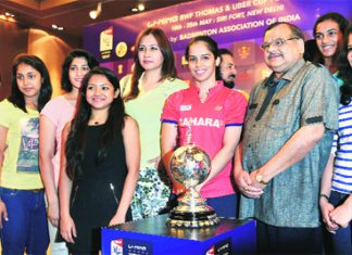 Saina Nehwal and her teammates at the launch of the 2014 Uber Cup on Wednesday.