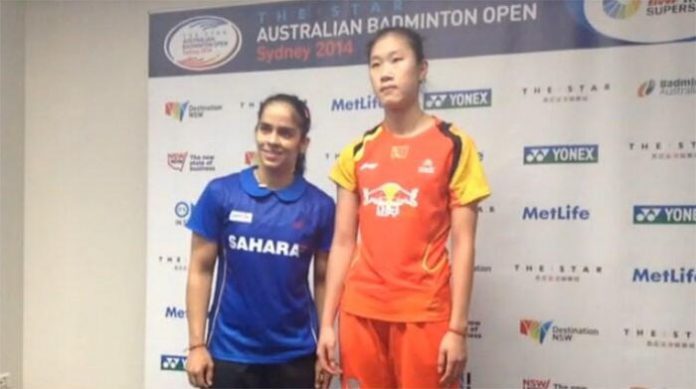 Saina Nehwal (left) and Sun Yu at post match press conference