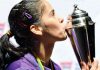 Saina Nehwal with the Australian Open Super Series Title in Sydney on Sunday