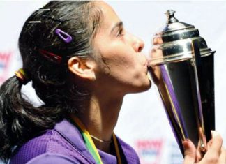 Saina Nehwal with the Australian Open Super Series Title in Sydney on Sunday