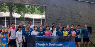 The Danish Badminton Inspiration Team plays a friendly match with Chinese badminton lovers selected from social media platforms Weibo and Wechat on the outdoor badminton courts at the Danish Embassy in Beijing