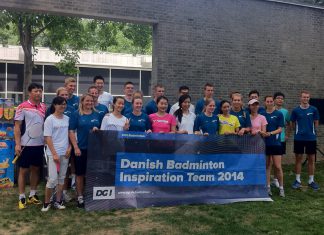The Danish Badminton Inspiration Team plays a friendly match with Chinese badminton lovers selected from social media platforms Weibo and Wechat on the outdoor badminton courts at the Danish Embassy in Beijing
