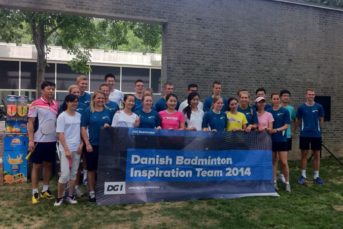 The Danish Badminton Inspiration Team plays a friendly match with Chinese badminton lovers selected from social media platforms Weibo and Wechat on the outdoor badminton courts at the Danish Embassy in Beijing