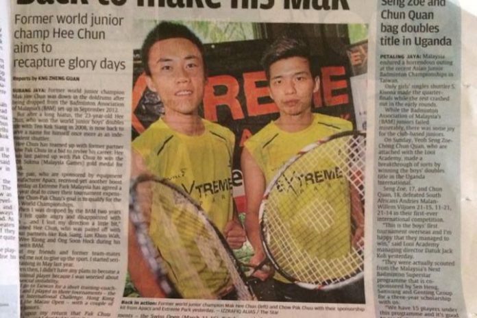 Mak Hee Chun (left) and his doubles partner Chow Pak Chuu hope to revive their career in badminton.
