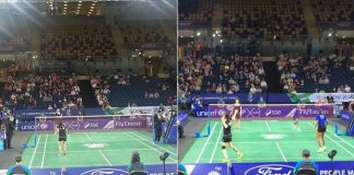 Chan Peng Soon - Lai Pei Jing (left) and Woon Khe Wei- Vivian Hoo warm up before their match against Barbados
