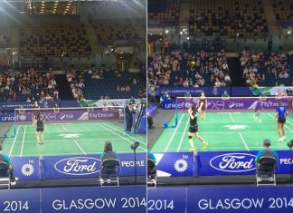 Chan Peng Soon - Lai Pei Jing (left) and Woon Khe Wei- Vivian Hoo warm up before their match against Barbados