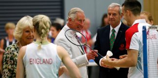 Prince Charles and Camilla, Duchess of Cornwall, were chatting with Chris and Gabby Adcock of the England badminton team during a visit to the Commonwealth Arena and Velodrome in Glasgow. Credit: Reuters