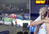 England celebrates after 3-0 win over India (left); Chris kisses wife Gabby after their victory in mixed doubles
