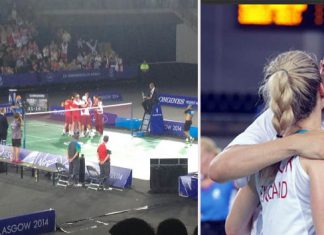 England celebrates after 3-0 win over India (left); Chris kisses wife Gabby after their victory in mixed doubles