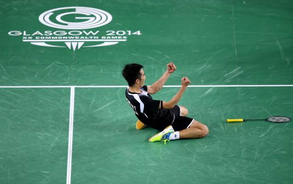Chong Wei Feng of Malaysia celebrates victory over Rajiv Ouseph
