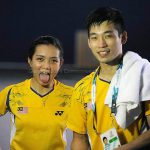 Lai Pei Jing sticking her tongue out to celebrate the hard fought 2-1 round of 16 victory