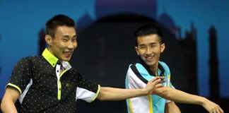 Lee Chong Wei (left) and Chong Wei Feng enjoy a lighter moment during a practice session