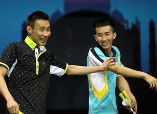 Lee Chong Wei (left) and Chong Wei Feng enjoy a lighter moment during a practice session