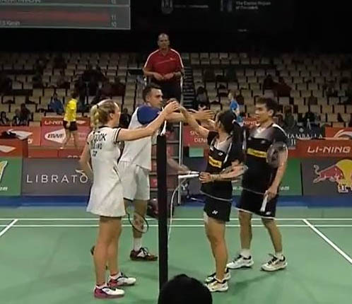 Lai Pei Jing-Tan Aik Guan and Chris Adcock - Gabby Adcock players shaking hands after the match