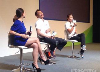 Lee Chong Wei and Pandelela Rinong (right) during the Samsung Asian Games media conference.