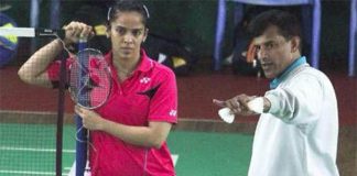 Saina Nehwal and her new coach Vimal Kumar at a training session