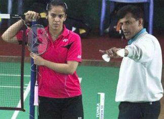 Saina Nehwal and her new coach Vimal Kumar at a training session