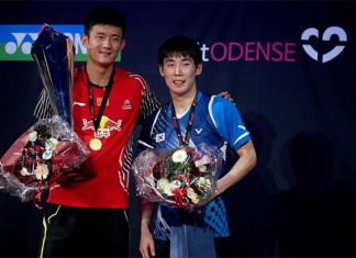 Chen Long (left) defended his BWF Denmark Open title by defeating Son Wan-ho in straight games