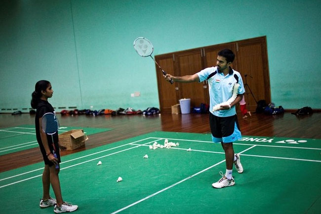 Pullela Gopichand is seen training a young girl at the Pullela Gopichand Badminton Academy
