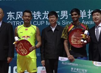 Lin Dan laughs with K. Srikanth on the podium at the China Open Super Series Premier event