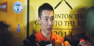 Malaysia’s Lee Chong Wei speaks to the media during a news conference in Bangkok yesterday.