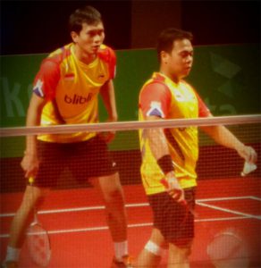 Muhammad Ahsan and Markis Kido play the first men's doubles for Indonesia at the 2014 Axiata Cup