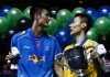 Malaysia's Lee Chong Wei (right) and China's Chen Long during the men's singles award ceremony at the 2014 All England Open Championships in Birmingham, England.