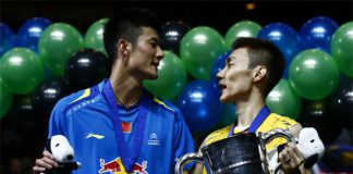 Malaysia's Lee Chong Wei (right) and China's Chen Long during the men's singles award ceremony at the 2014 All England Open Championships in Birmingham, England.