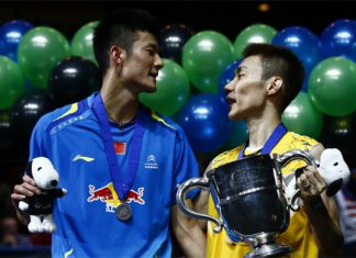 Malaysia's Lee Chong Wei (right) and China's Chen Long during the men's singles award ceremony at the 2014 All England Open Championships in Birmingham, England.