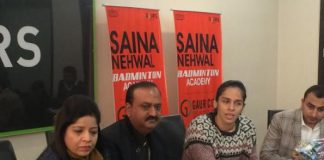 Saina Nehwal (second right) announces her own badminton academy