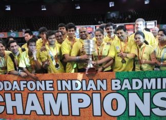 Hyderabad Hotshots team, winners of the Indian Badmintion League 2013, at NSCI in Mumbai