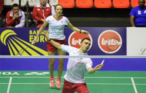 Gabby (back) and Chris Adcock - sweetest couple in the England team (photo: Europe Badminton)