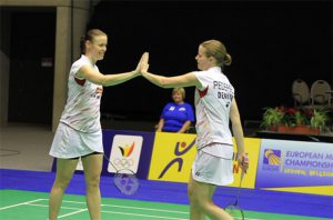 Christinna Pedersen (right) & Kamilla Rytter Juhl secure Denmark a spot in the European mixed team championships final. (photo: Europe Badminton)