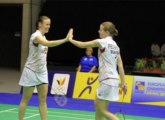 Christinna Pedersen (right) & Kamilla Rytter Juhl secure Denmark a spot in the European mixed team championships final. (photo: Europe Badminton)